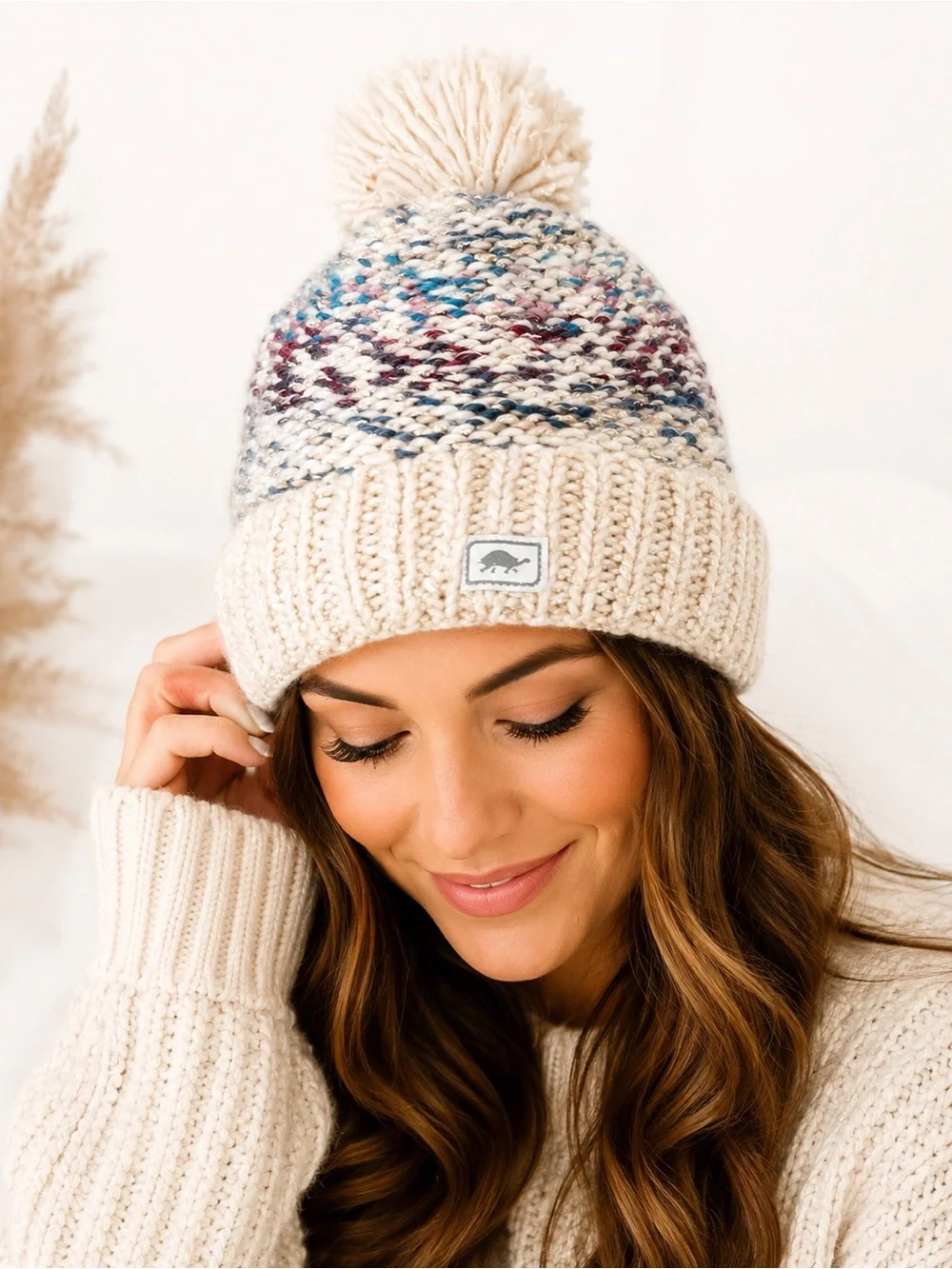 Turtle Fur Chunky Knit Pom Beanie | Cozy Winter Speckled Hat Cream Blue Pink